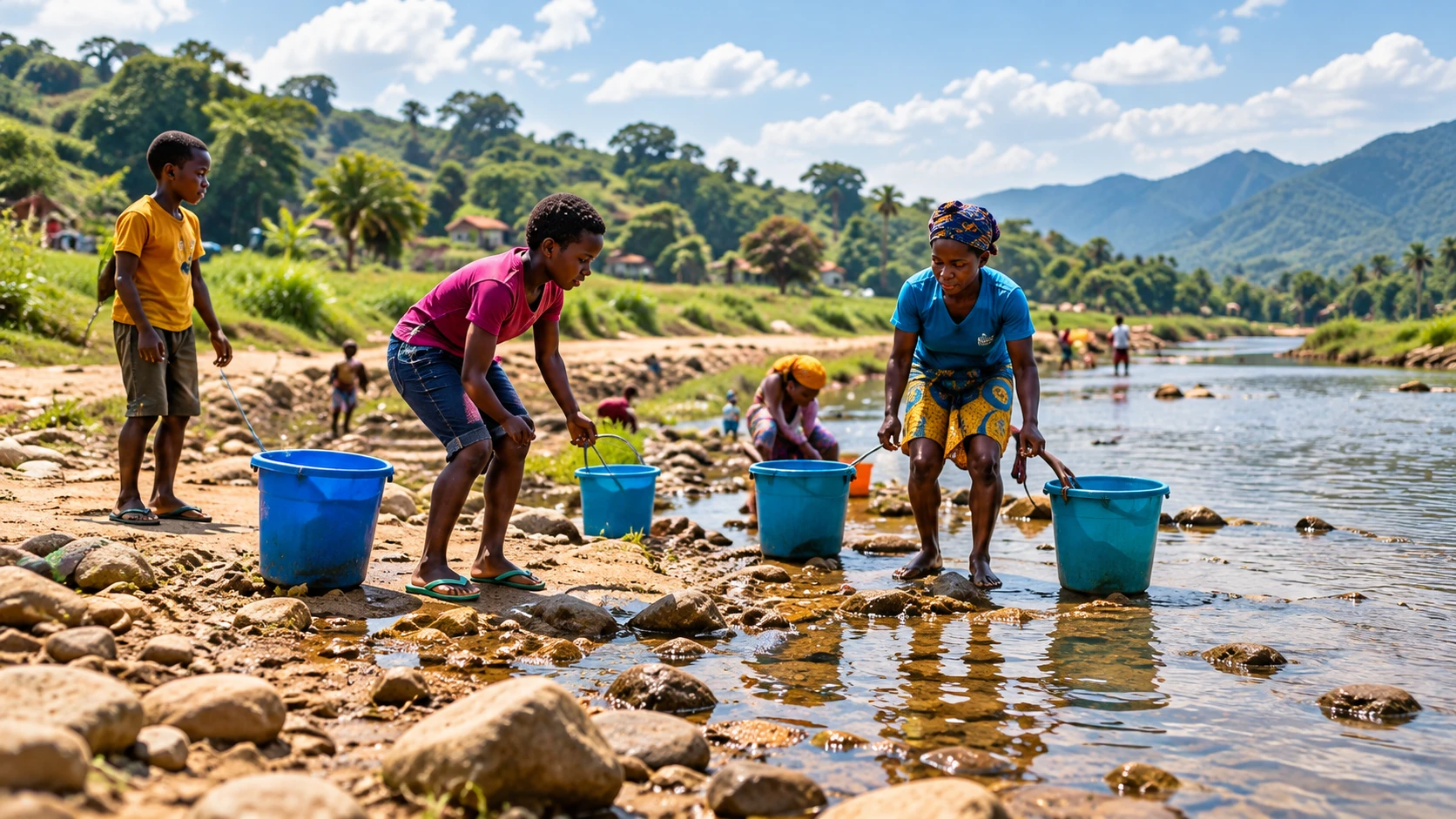Community members collecting water beside a stream