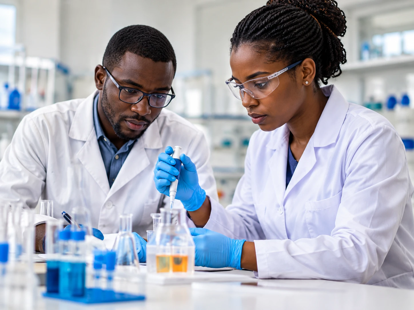 Researchers collaborating on environmental samples in a laboratory